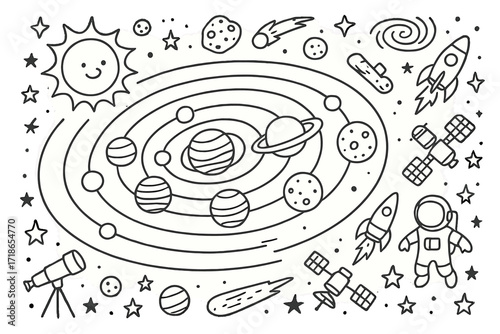 Space Doodle Universe. Planetary System. Hand-drawn doodle illustration planetary system sun, planets, moons, asteroid, comet, orbit lines, telescope, rocket,