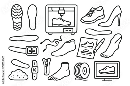 Footwear Doodle Icons. Hand-drawn doodle illustration Footwear accessories [shoe sole, insole, 3D printer, sneaker, heel, strap, buckle, lace, shoe last,