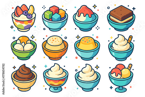 Colorful Dessert Icons. Colorful isometric vector icons set of dessert bowls and treats: fruit parfait bowl, jelly cubes bowl,