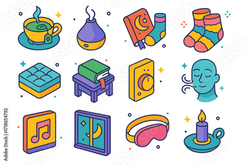 Bedtime Routine Icons. Colorful isometric vector icons set of relaxing bedtime routines: herbal tea cup, aroma diffuser, sleep