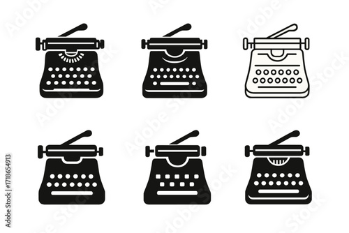 Vintage Typewriter Logos. vintage typewriter. Set Logo of vintage typewriter: carriage return lever. harmonious logo variations of the same emblematic concept,