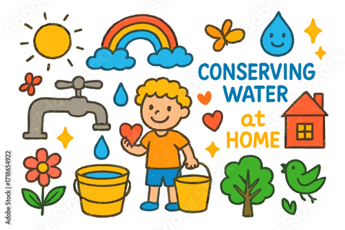 Conserve Water Doodle. Colorful Hand-drawn doodle Children illustration Conserving Water at Home faucet, bucket, water droplet, rainbow, child smiling, flower,