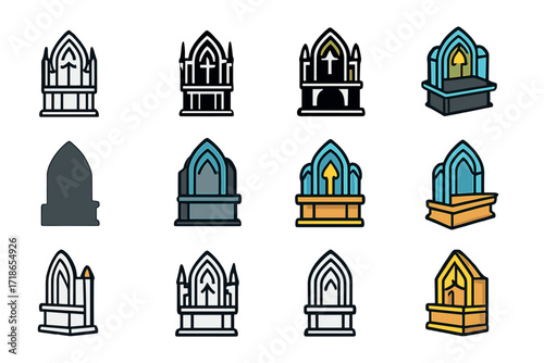 Gothic Altar Logos. Set Logo of Church Altar: Gothic-style altar. Logo set in vector style, emblematic variations. line, bold thick line, solid black filled,