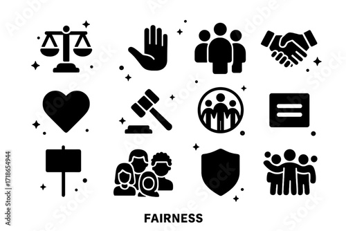 Icons of Fairness Set. Fairness. Solid icons set of balanced scale, open hand, group of people, handshake, heart, justice hammer, inclusive circle, equality