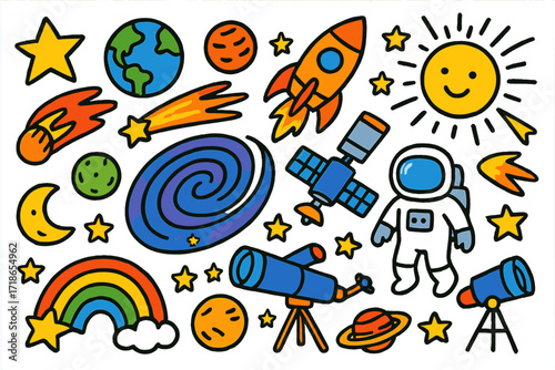 Colorful Cosmic Doodles. Universe. Colorful Hand-drawn doodle Children illustration Universe stars, planets, galaxy swirl, moon, sun, comet, rocket, astronaut,