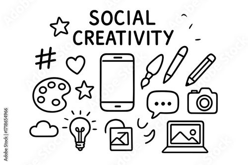Creative Social Icons. Social Creativity. Hand-drawn doodle illustration social creativity smartphone, hashtag, heart, star, chat bubble, paintbrush, palette,
