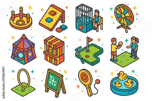 Festival Game Icons. Colorful isometric vector icons set of outdoor festival games and activities: ring toss, bean bag throw, dunk