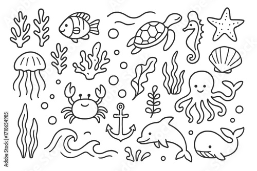 Coral Reef Doodles. Hand-drawn doodle illustration Coral reef [coral, fish, turtle, seahorse, starfish, shell, jellyfish, crab, octopus, dolphin, seaweed,