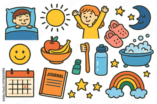 Bedtime Wellness Doodle. Colorful Hand-drawn doodle Children illustration Wellness routine bedtime, stretching arms, healthy snack, sun, moon, happy face, bath