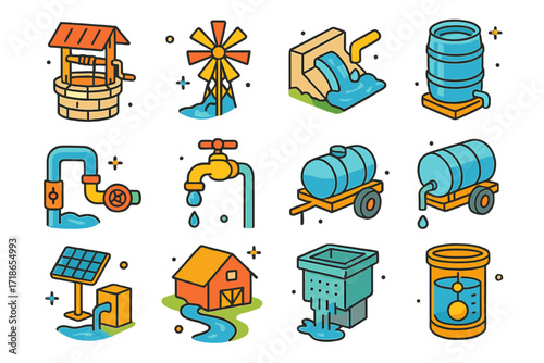 Farm Water Source Icons. Colorful isometric vector icons set of Farm water sources and supply: water well with crank, windmill-powered pump, irrigation canal