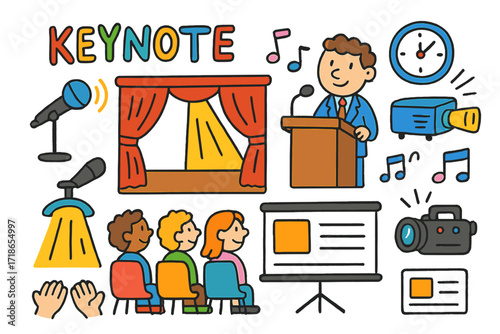 Colorful Keynote Doodle. Keynote. Colorful Hand-drawn doodle Children illustration Keynote microphone, stage, spotlight, speaker at podium, big screen,