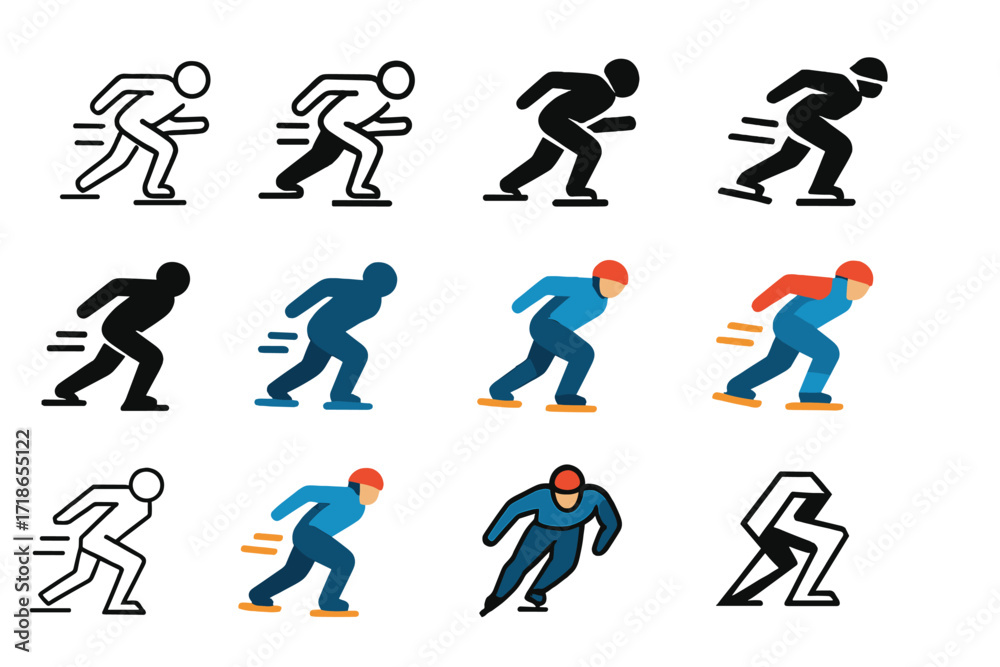 Naklejka premium Speed Skater Logos. Set Logo of Fast-Paced Sports: speed skater in motion. Logo set in vector style, emblematic variations. line, bold thick line, solid black