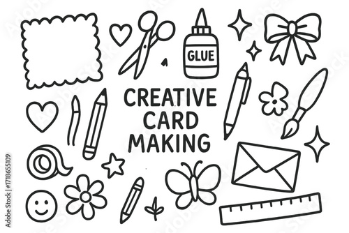 Creative Card Making Tools. Hand-drawn doodle illustration Creative card making [paper sheet, scissors, glue bottle, pen, pencil, heart, star, flower, ribbon,