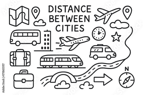 City Connection Doodles. Hand-drawn doodle illustration Distance between cities [map, gps pin, road, train, airplane, bus, car, bridge, suitcase, clock, star,