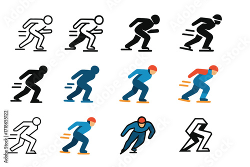 Speed Skater Logos. Set Logo of Fast-Paced Sports: speed skater in motion. Logo set in vector style, emblematic variations. line, bold thick line, solid black