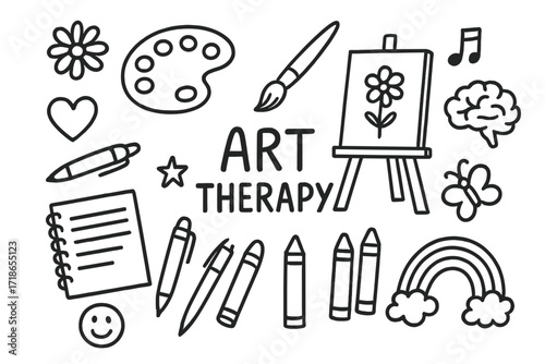 Art Therapy Icons. Hand-drawn doodle illustration Art therapy [paint palette, brush, canvas, easel, crayons, notebook, pen, flower, heart, smile face, star,