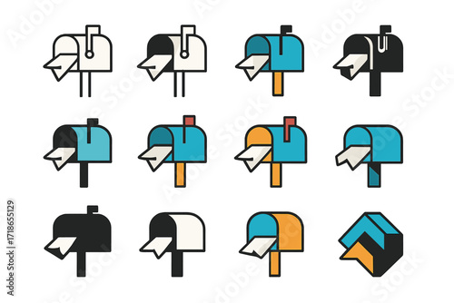 Village Logo Variations. Set Logo of Devastated village: Village mailbox with torn letter. Logo set in vector style, emblematic variations. line, bold thick