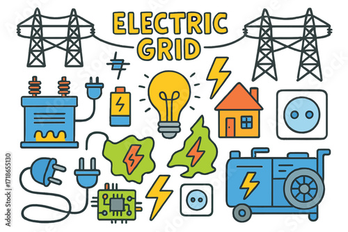Colorful Electric Grid Doodles. Electric Grid. Colorful Hand-drawn doodle Children illustration Electric Grid power line,