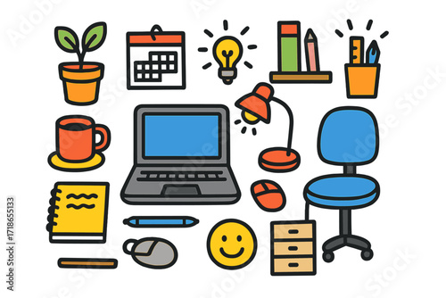 Colorful Desk Doodle. Colorful Hand-drawn doodle Children illustration Minimalist Desk Setup laptop, tidy notebook, pen, lamp, plant pot, coaster, cup, smiley
