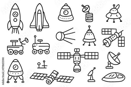 Spacecraft Doodle Collection. Spaceships. Hand-drawn doodle illustration spaceships rocket, shuttle, capsule, satellite, rover, probe, UFO, space station,