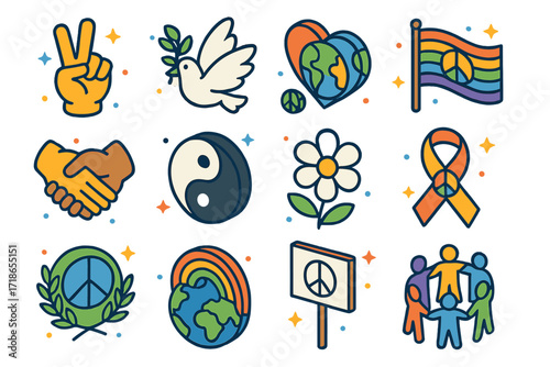 Peace Icon Collection. olorful isometric vector icons set of Peace symbols and gestures: peace sign hand, dove with olive branch,