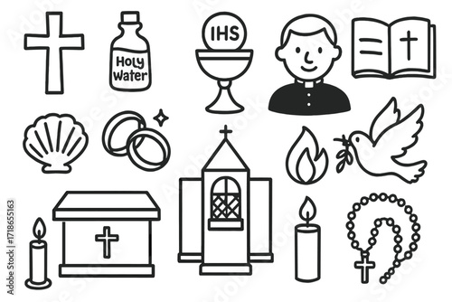 Catholic Sacraments Icons. Hand-drawn doodle illustration Catholic sacraments cross, holy water, chalice, host, priest, bible, marriage rings, confirmation
