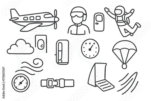 Skydiving Doodle Icons. Hand-drawn doodle illustration skydiving plane aircraft, wing, propeller, tail, pilot, door, skydiver jumping, cloud, parachute symbol,
