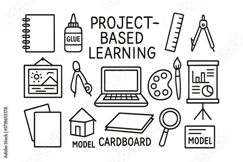 Project-Based Learning Tools. Project-based learning. Hand-drawn doodle illustration project-based learning notebook, glue,