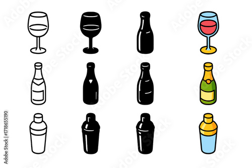 Grand Dinner Drink Icons. Icon Set of Drinks at Grand Dinner: Red wine glass, Champagne bottle, Cocktail shaker. Icons set in vector style,