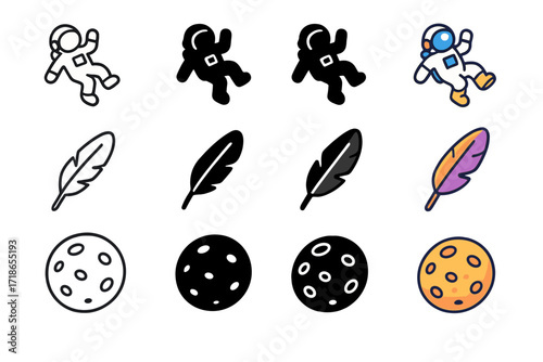 Low Gravity Icons. Icon Set of Low Gravity: Floating astronaut, Feather, Planet surface. Icons set in vector style, emblematic variations. Floating astronaut
