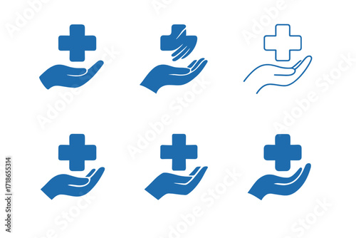 Diverse Healthcare Logos. Healthcare. Set Logo of Healthcare: Medical hand care. harmonious logo variations of the same emblematic concept, each with different
