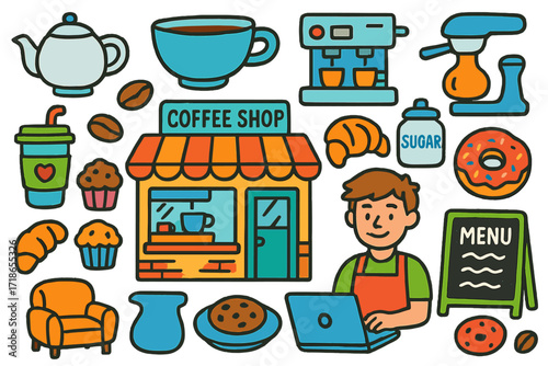 Coffee Shop Doodle. Colorful Hand-drawn doodle Children illustration Coffee shop storefront coffee cup, teapot, espresso machine,