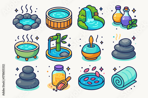 Spa Icons Collection. Colorful isometric vector icons set of spa and wellness water scenes: hot spring, clean Jacuzzi, waterfall spa, essential oils near