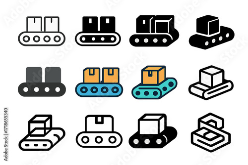 Factory Automation Logos. Set Logo of Factory automation system: Conveyor belt with packages. Logo set in vector style, emblematic variations. line, bold thick