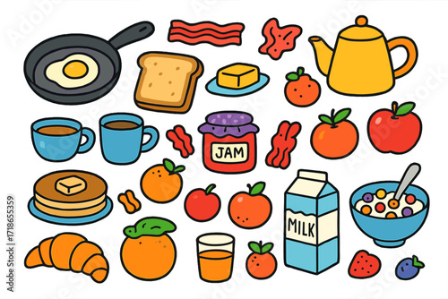Colorful Breakfast Doodles. Breakfast. Colorful Hand-drawn doodle Children illustration frying pan, fried egg, toast, butter, jam jar, bacon, coffee cup,