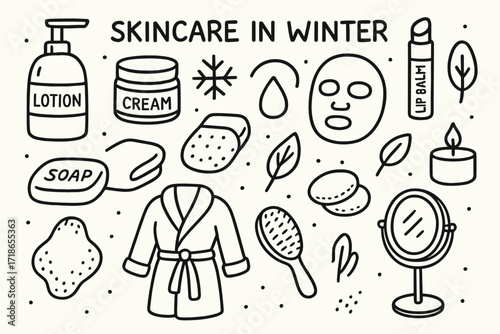 Winter Skincare Essentials. Hand-drawn doodle illustration skincare in winter lotion bottle, cream jar, face mask, lip balm, towel, snowflake, soap, sponge,