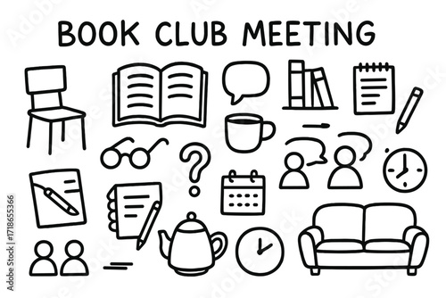 Book Club Essentials. Hand-drawn doodle illustration Book club meeting open book, speech bubble, chair, coffee mug, reading