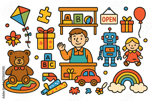 Colorful Toy Shop. Colorful Hand-drawn doodle Children illustration Toy shop teddy bear, robot, toy blocks, kite, toy car, smiling shopkeeper, open sign, gift
