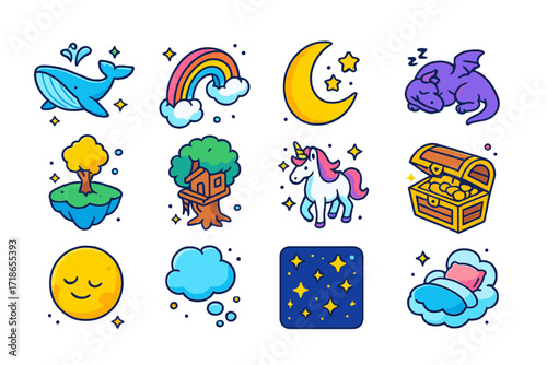 Dream Icons Collection. Colorful isometric vector icons set of dreams and imagination: flying whale, rainbow bridge, moon and