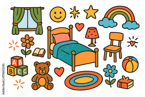 Colorful Kids' Room Doodle. Colorful Hand-drawn doodle Children illustration Kids’ Room Design [bed, toy block, teddy bear, book,