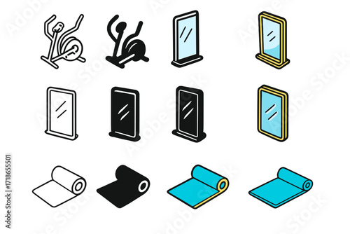Elliptical Gym Icons. Icon Set of Elliptical Machine Gym Setup: Elliptical row, Gym mirror, Floor mat. Icons set in vector style, emblematic variations.