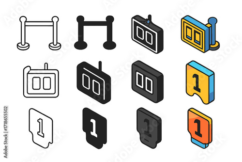 Queue Management Icons. Icon Set of Queue Management: Barrier post, Digital ticket display, Queue number card. Icons set in vector style, emblematic