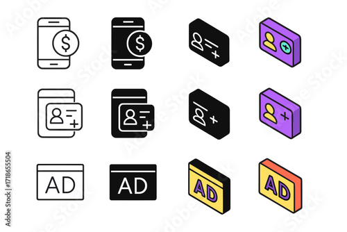 App Monetization Icons. Icon Set of App Monetization: In-app purchase, Subscription card, Ad banner. Icons set in vector style, emblematic variations. In-app