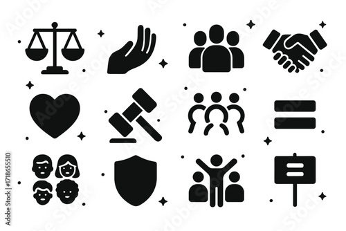 Icons of Fairness. Fairness. Solid icons set of balanced scale, open hand, group of people, handshake, heart, justice hammer, inclusive circle, equality