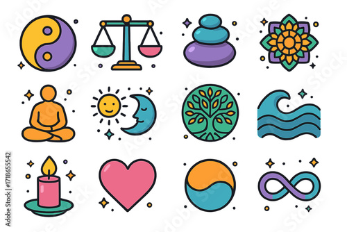 Colorful Balance Icons. Balance. Colorful isometric vector icons set of balance: yin yang, scales, stacked stones, mandala, meditation figure, sun and moon,