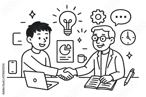 Startup Collaboration Doodles. Hand-drawn doodle illustration A young entrepreneur collaborating with a mentor on a new startup [two figures, handshake, light