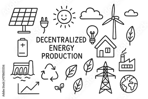 Decentralized Energy Doodles. Hand-drawn doodle illustration Decentralized energy production [solar panel, wind turbine, hydro dam