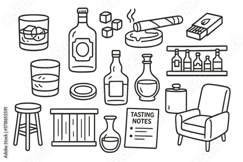 Whiskey Bar Icons. Whiskey bar vibes. Hand-drawn doodle illustration whiskey bar vibes whiskey glass, ice cubes, whiskey bottle, cigar, ashtray, matchbox, bar