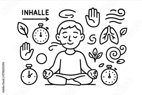Mindful Breathing Doodle. Hand-drawn doodle illustration mindful breathing practice sitting person, inhale symbol, breath line, leaf icon, stopwatch, focus