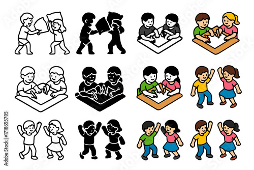 Fun Sibling Activities Icons. Icon Set of Fun sibling activities: pillow fight, drawing together, dancing. Icons set in vector style, emblematic variations.